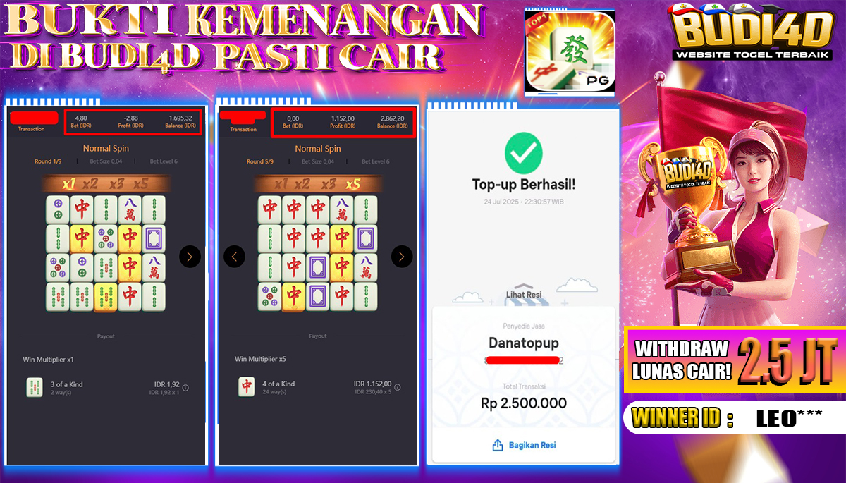 BUDI4D JACKPOT USERID:  LEO*** SLOT PGSOFT MAHJONG WAYS Rp.2.500.000,- LUNAS